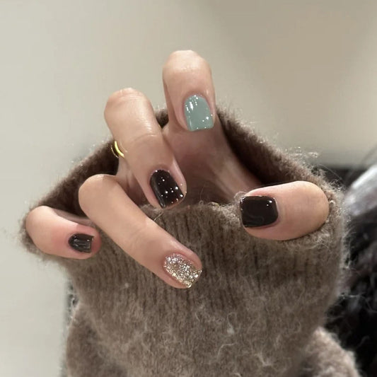 Cozy Elegance Short Square Dark Brown Mint Green and Sparkling Glitter Detail Press On Nail Set
