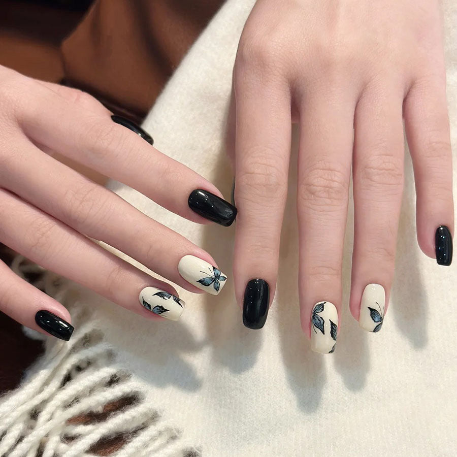 Botanical Elegance Medium Square Black and Cream Press-On Nail Set with Floral Accents