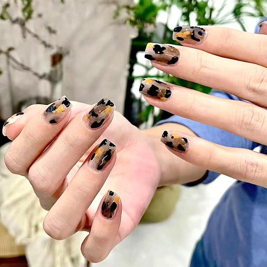 Chic Camo Glamour Medium Square Brown and Black Design with Glossy Finish Press On Nail Set