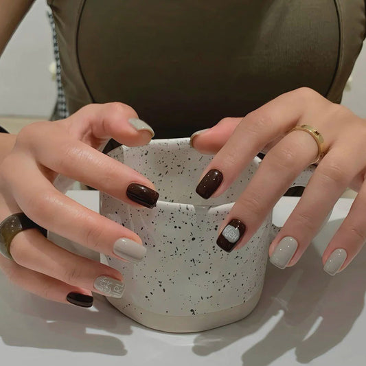 Chic Earthy Vibes Short Square Brown and Beige Press-On Nail Set with Unique Textured Design