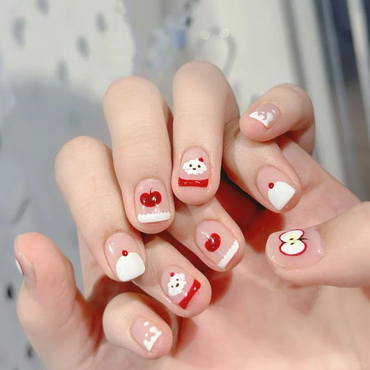 Festive Delight Short Square Red and White Nail Set with Charming Cake and Heart Designs