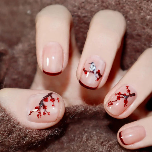 Blossoming Elegance Short Square Beige Press On Nail Set with Cherry Blossom and Bird Artistry