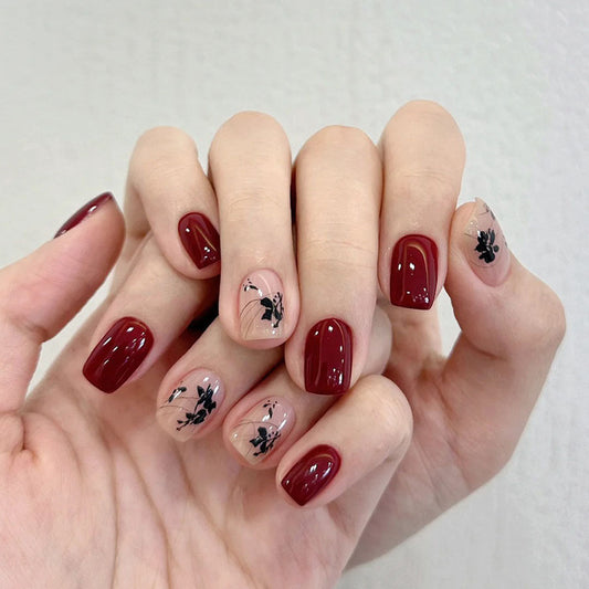 Elegant Romance Short Square Burgundy with Floral Accent Press On Nail Set