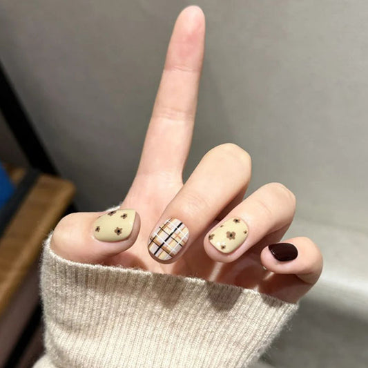 Bohemian Chic Short Round Olive Green with Floral and Plaid Design Press On Nail Set