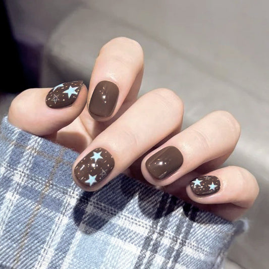 Celestial Charm Short Square Brown Press On Nail Set Featuring Enchanting Star Designs