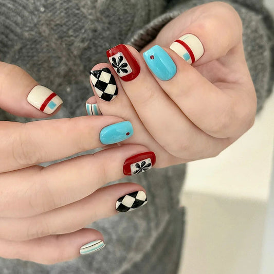 Whimsical Charm Short Square Blue Red and Cream Patterned Press On Nail Set with Unique Flower Accents