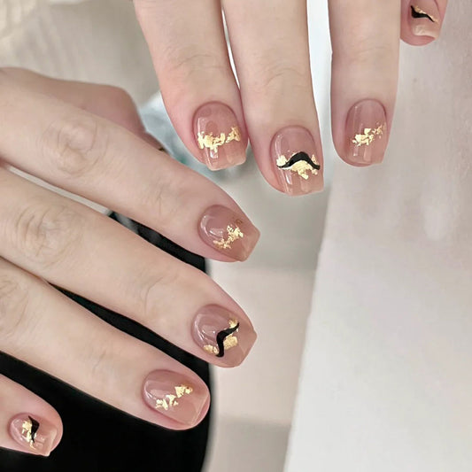 Gilded Elegance Short Square Moderate Length Beige and Gold Foil Nail Set with Artistic Black Swirl Design