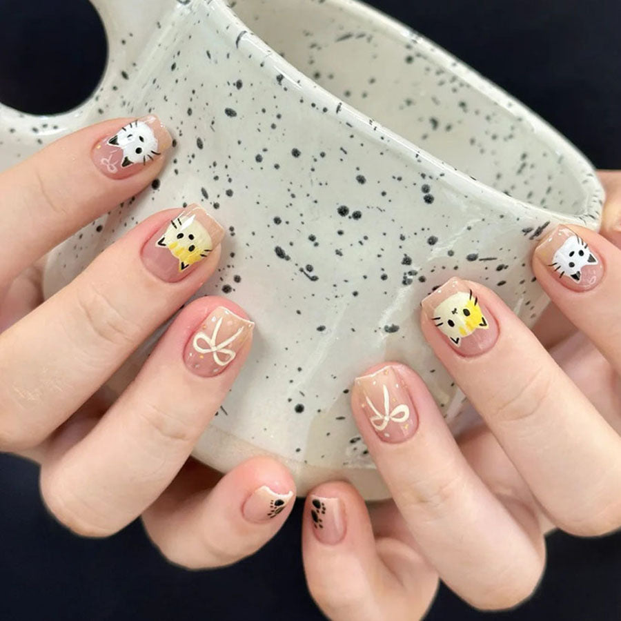 Whimsical Pet-Themed Short Square Shaped Beige and White Press-On Nail Set with Adorable Animal Designs