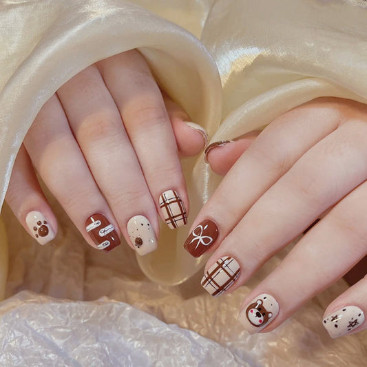 Cozy Autumn Vibes Square Short Brown and Cream Nail Set with Whimsical Patterns