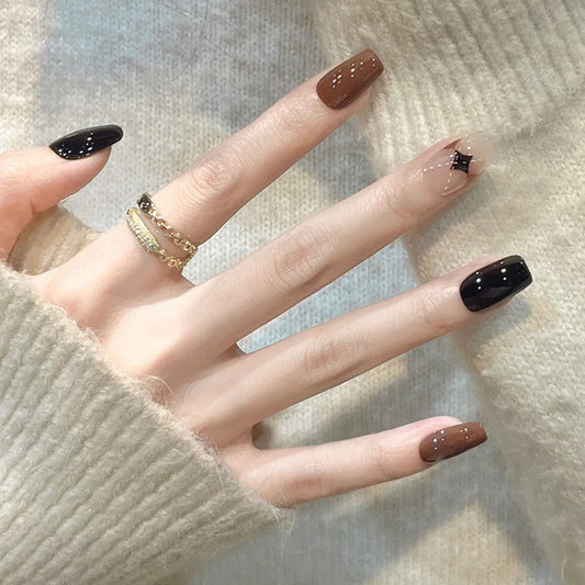 Chic Autumn Elegance Short Square Brown and Black glitter accented Press-On Nail Set