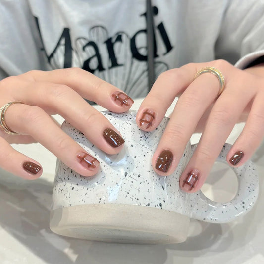 Autumn Elegance Press On Nail Set Short Square Chocolate Brown with Artistic Metallic Accents