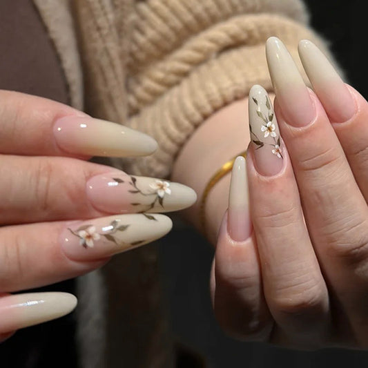 Blossom Elegance Long Almond Beige Press on Nail Set with Floral Design
