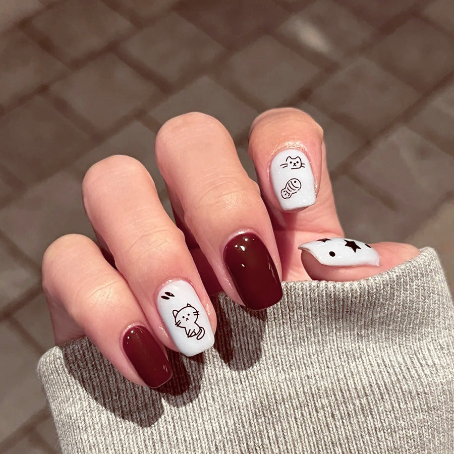 Whimsical Creatures Medium Square Burgundy and White Press on Nail Set with Cute Animal Designs