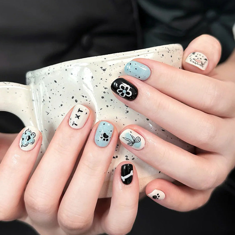 Whimsical Garden Short Square Pastel Blue and Black Floral Themed Press-On Nail Set