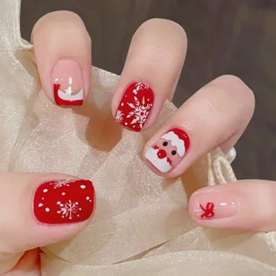 Festive Cheer Short Square Red Nail Set with Holiday Themed Designs