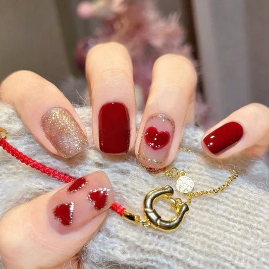 Romantic Heartfelt Glamour Short Square Burgundy and Gold Glitter Press On Nail Set