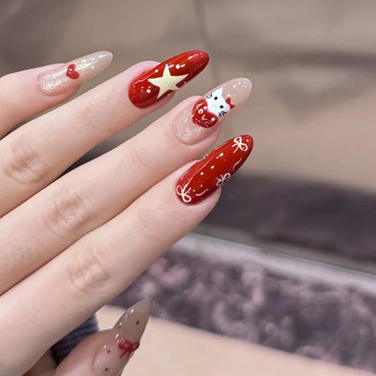 Charming Festive Long Almond Shape Bold Red Color with Adorable Kitty Artwork Press on Nail Set