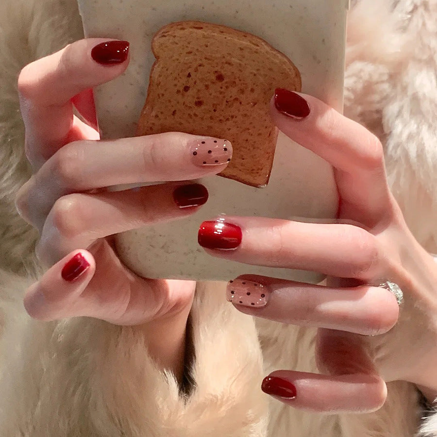 Toasty Delight Short Square Red and Beige with Polka Dots Press-On Nail Set