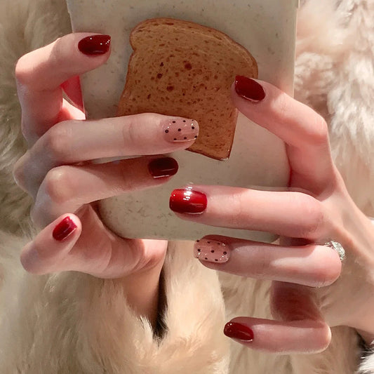 Toasty Delight Short Square Red and Beige with Polka Dots Press-On Nail Set