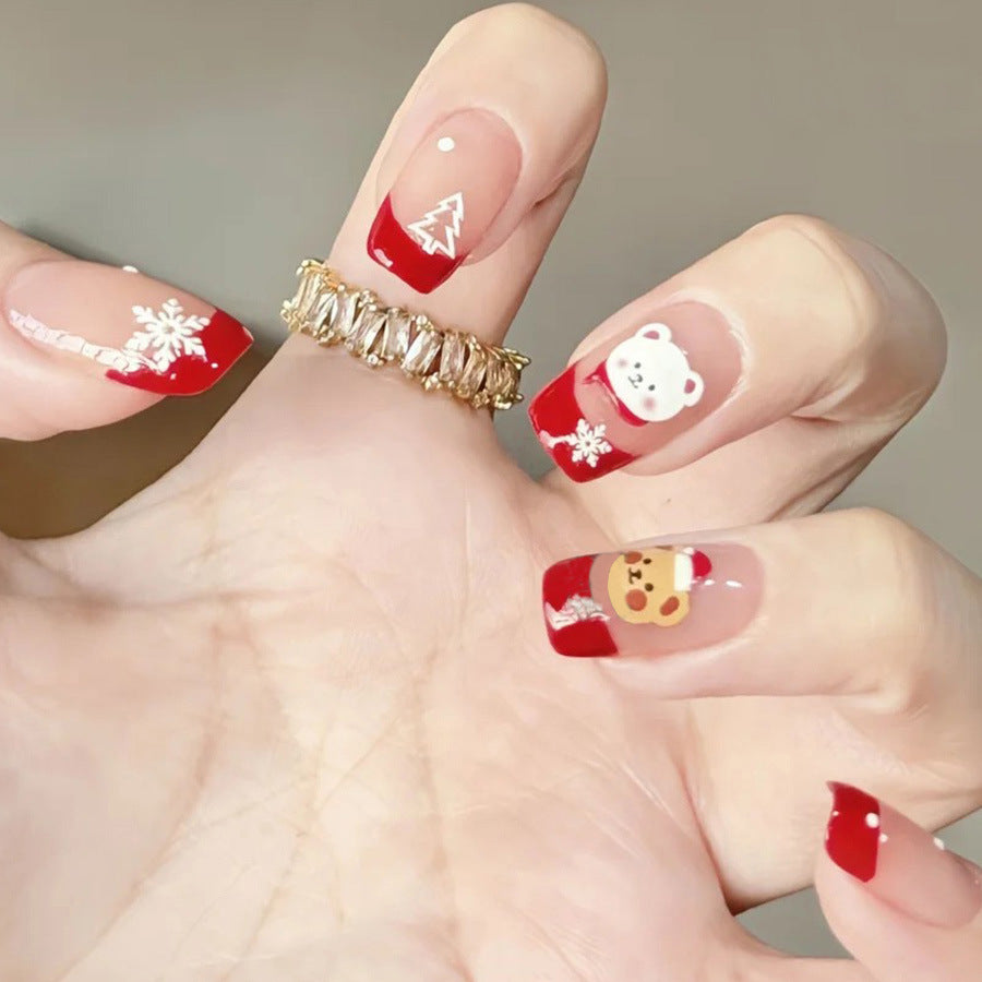 Festive Charm Short Square Red Nail Set with Cute Winter Animal Designs and Sparkly Accents