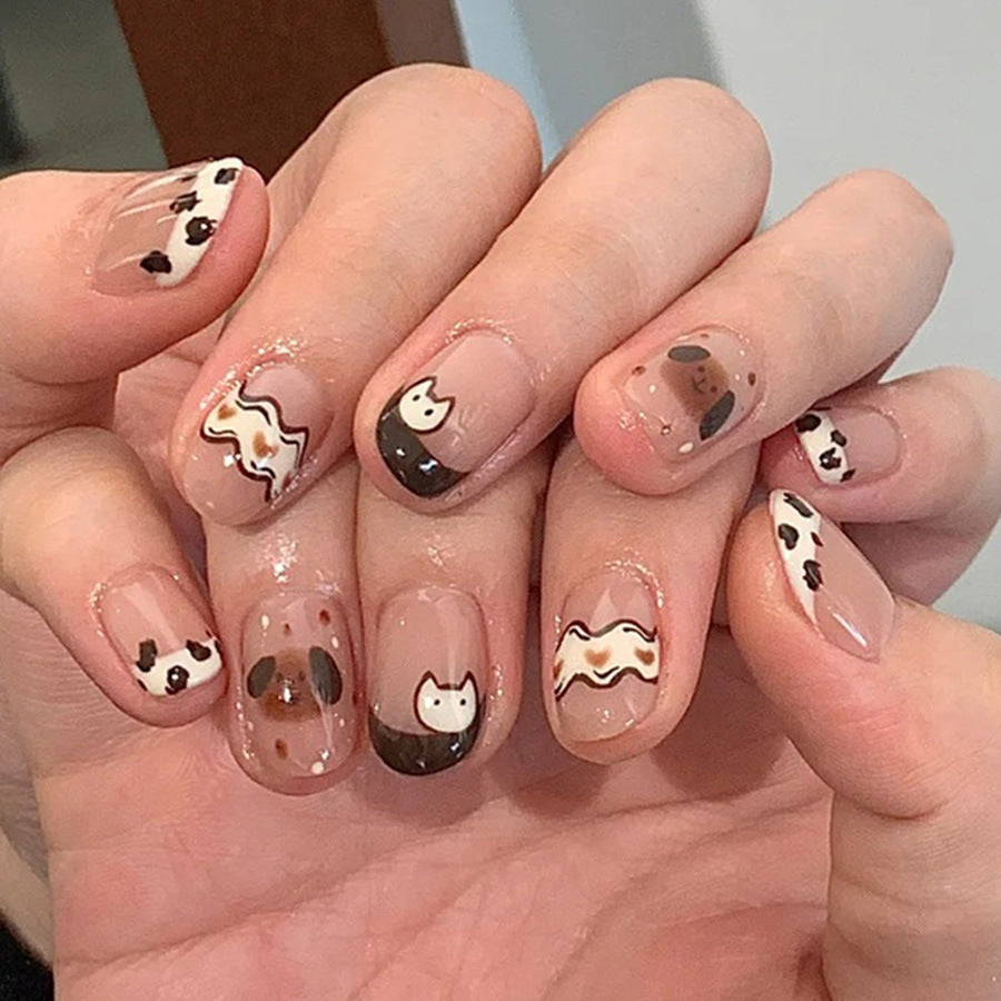 Whimsical Pet Parade Press-On Nail Set Short Squoval Beige with Cute Animal Designs and Glossy Finish