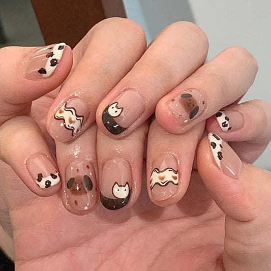 Whimsical Pet Parade Press-On Nail Set Short Squoval Beige with Cute Animal Designs and Glossy Finish
