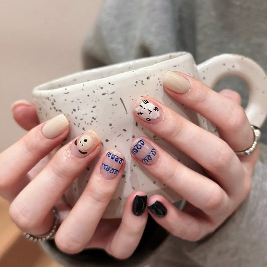 Whimsical Charm Medium Square Beige with Playful Cartoon Designs Press On Nail Set