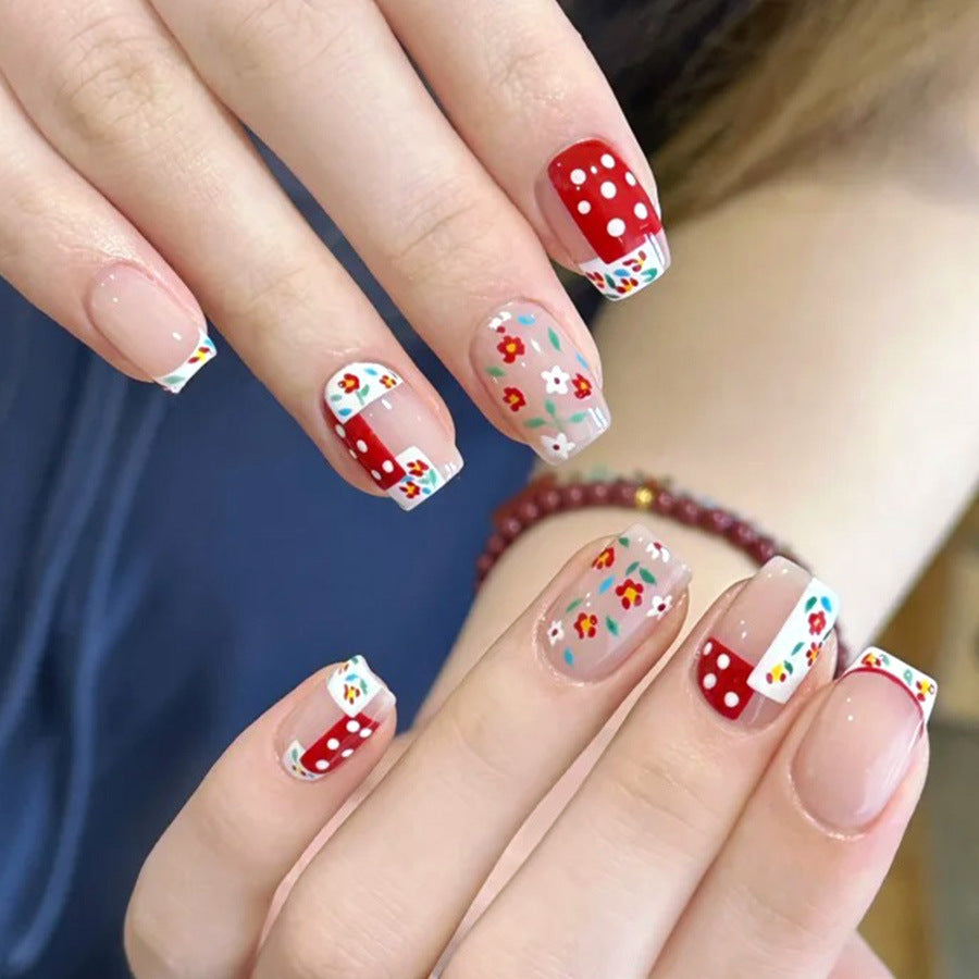 Bohemian Blossoms Stylish Medium Square Press-On Nail Set in Medium Length Red and White Floral Design with Playful Polka Dots