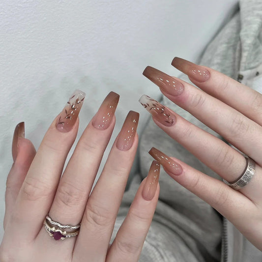 Elegant Autumn Bliss Long Square Ombre Brown and Transparent Press-On Nail Set with Floral Accent
