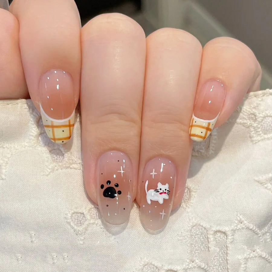 Cozy Cat-Themed Long Oval Shaped Clear and White Press On Nail Set with Adorable Kitty and Paw Print Designs