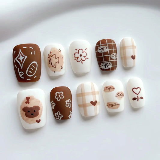 Cozy Autumn Vibes Classic Short Square Brown and White Press On Nail Set with Cute Hand-Drawn Designs