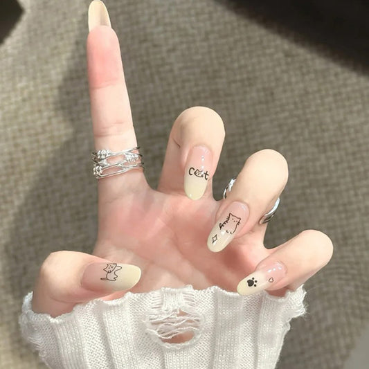 Charming Whiskers Long Almond Beige Press on Nail Set with Cute Cat Illustrations