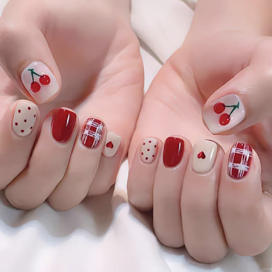 Cherry Blossom Delight Square Short Red and Beige Press-On Nail Set with Charming Fruit and Heart Patterns