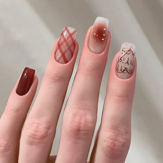 Autumn Elegance Medium Coffin Burgundy Press-On Nail Set with Stylish Artistic Designs