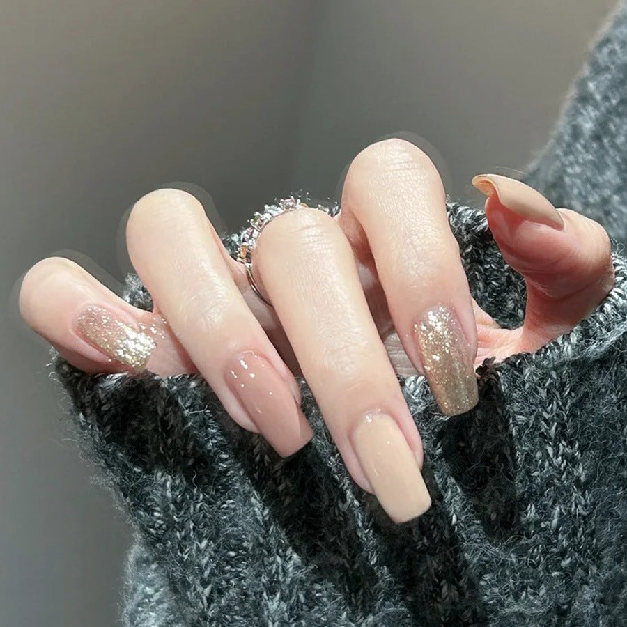 Glamorous Garden Chic Medium Square Beige Press on Nail Set with Sparkling Highlight