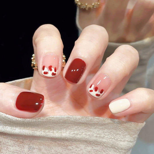 Chic Autumn Vibes Short Glossy Square Red and Neutral Press On Nail Set with Unique Dotted Accent Design