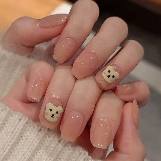 Whimsical Cozy Vibes Medium Square Beige Press On Nail Set with Adorable Bear Accents