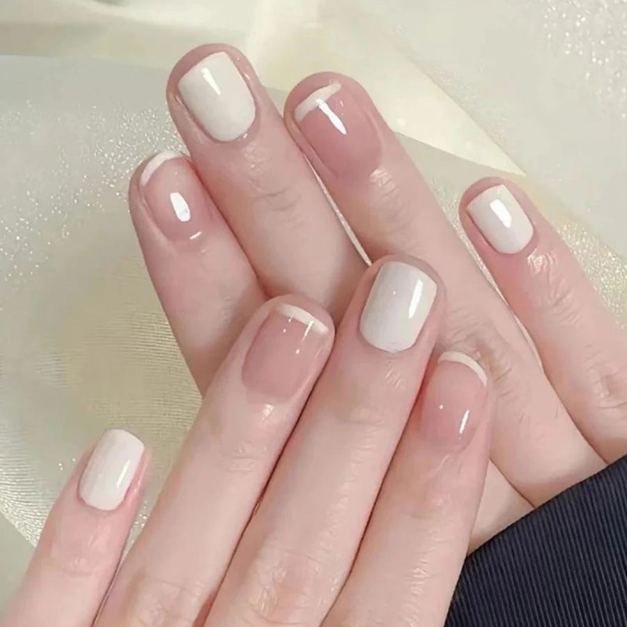 Elegant Tranquility Short Square Medium Length White and Beige Press On Nail Set with Chic French Tips