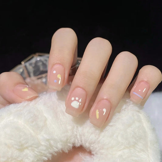 Whimsical Charm Press On Nail Set Medium Square Pink with Cute Doodles