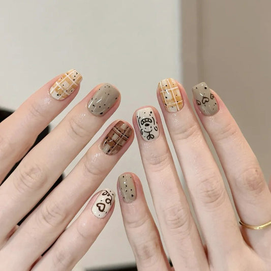 Cozy Autumn Vibes Short Square Shaped Beige and Brown Press On Nail Set with Adorable Bear and Heart Designs