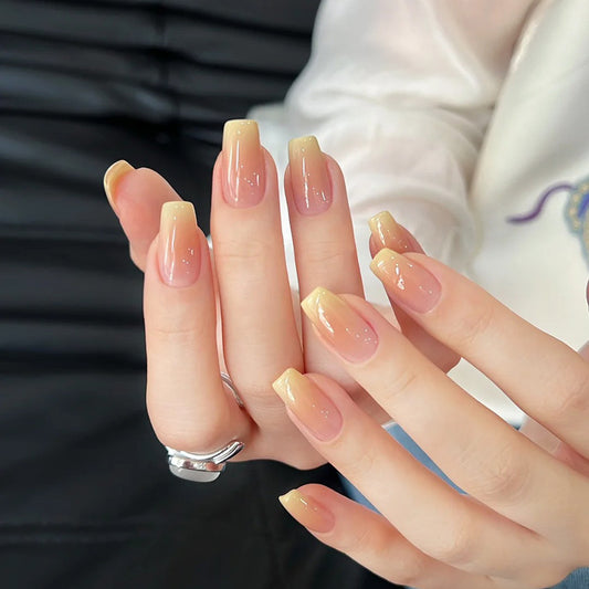 Goddess Glow Medium Square Ombre Beige and Yellow Press on Nail Set with Glossy Finish