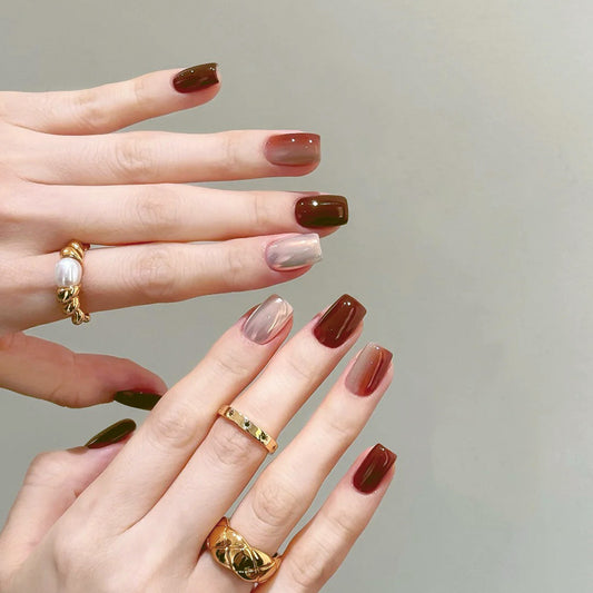 Autumn Elegance Medium Square Press On Nail Set in Deep Burgundy and Soft Beige with Gradual Ombre Effect