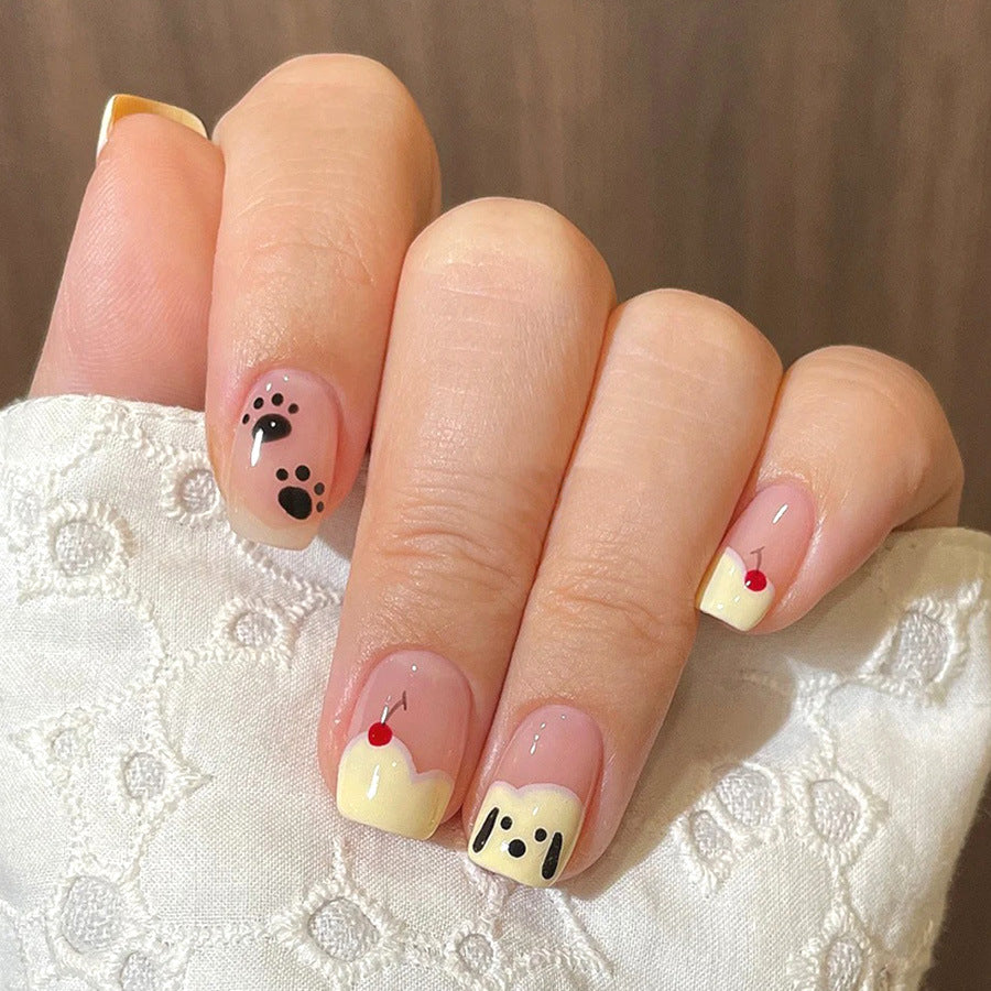 Paw-tastic Short Square Shape Soft Pink Satin Finish with Whimsical Dog and Dessert Artistry