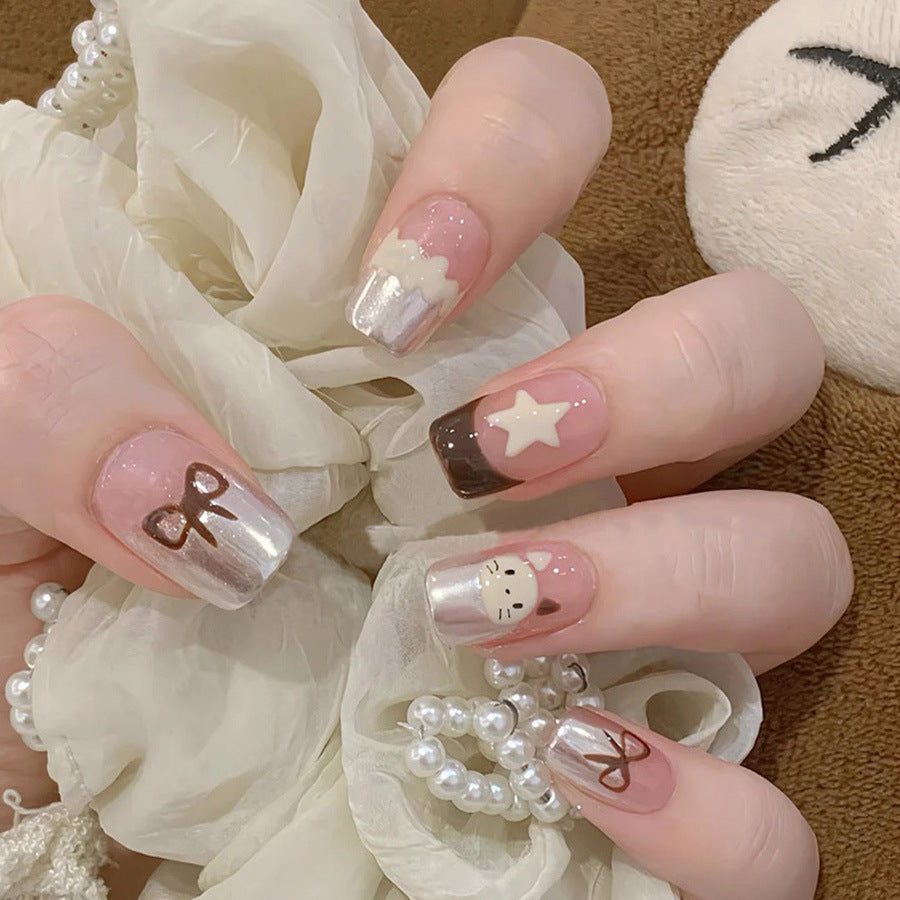 Whimsical Charm Medium Square Pink and Silver with Adorable Cat and Star Designs Press on Nail Set