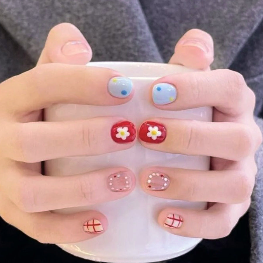 Charming Floral Garden Short Squoval Multi-Colored Nail Set with Unique Artistic Designs
