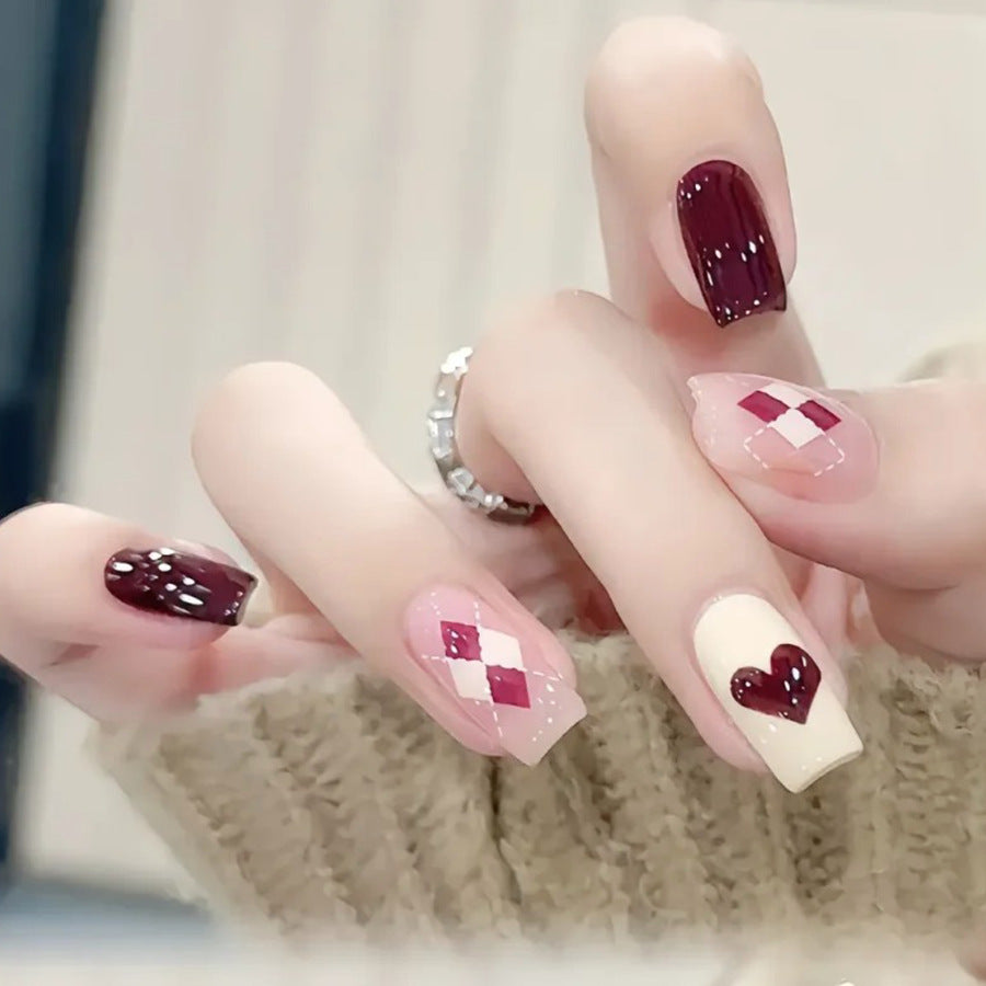 Charming Romantic Medium Square Burgundy and Pink Nail Set with Heart and Diamond Patterns