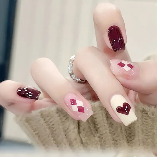Charming Romantic Medium Square Burgundy and Pink Nail Set with Heart and Diamond Patterns