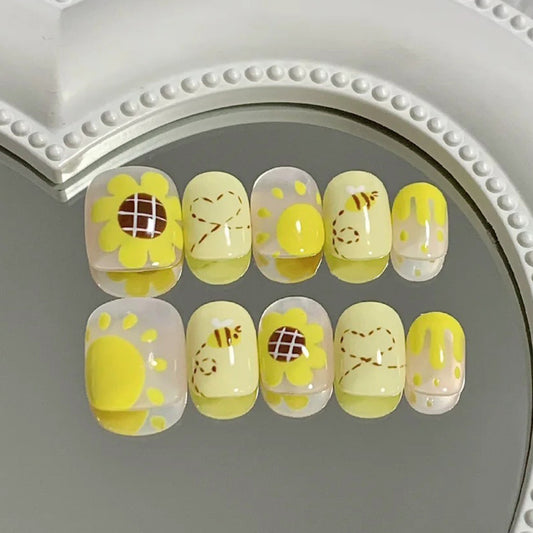 Sunny Delight Short Square Press-On Nail Set in Vibrant Yellow with Cheerful Floral and Bee Designs
