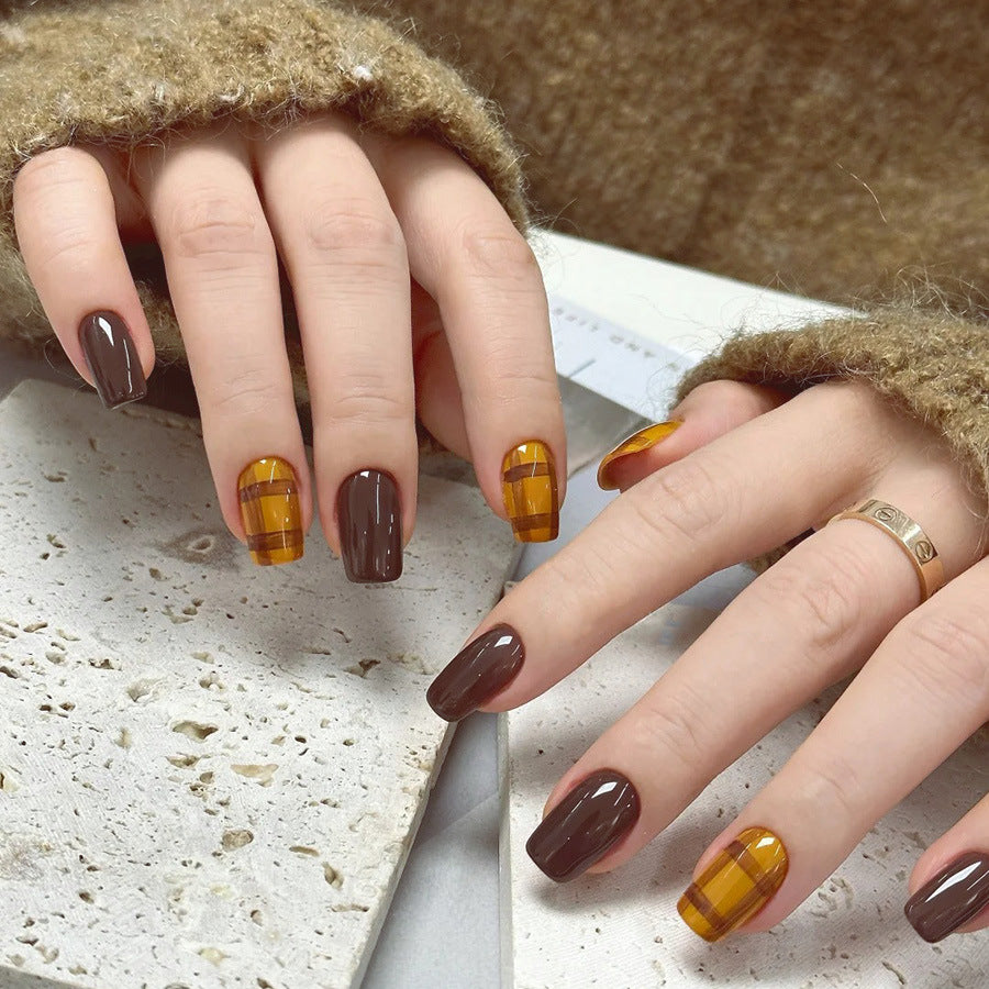 Autumn Elegance Short Square Brown and Amber Press On Nails with Unique Checkerboard Design