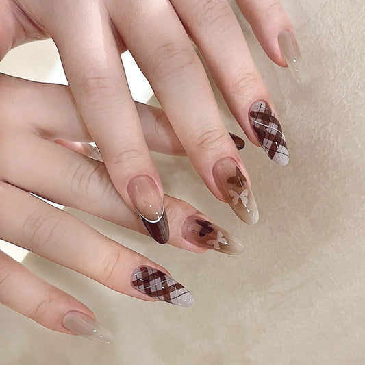 Chic Autumn Vibes Long Almond Beige and Brown Press On Nail Set with Unique Butterfly Design